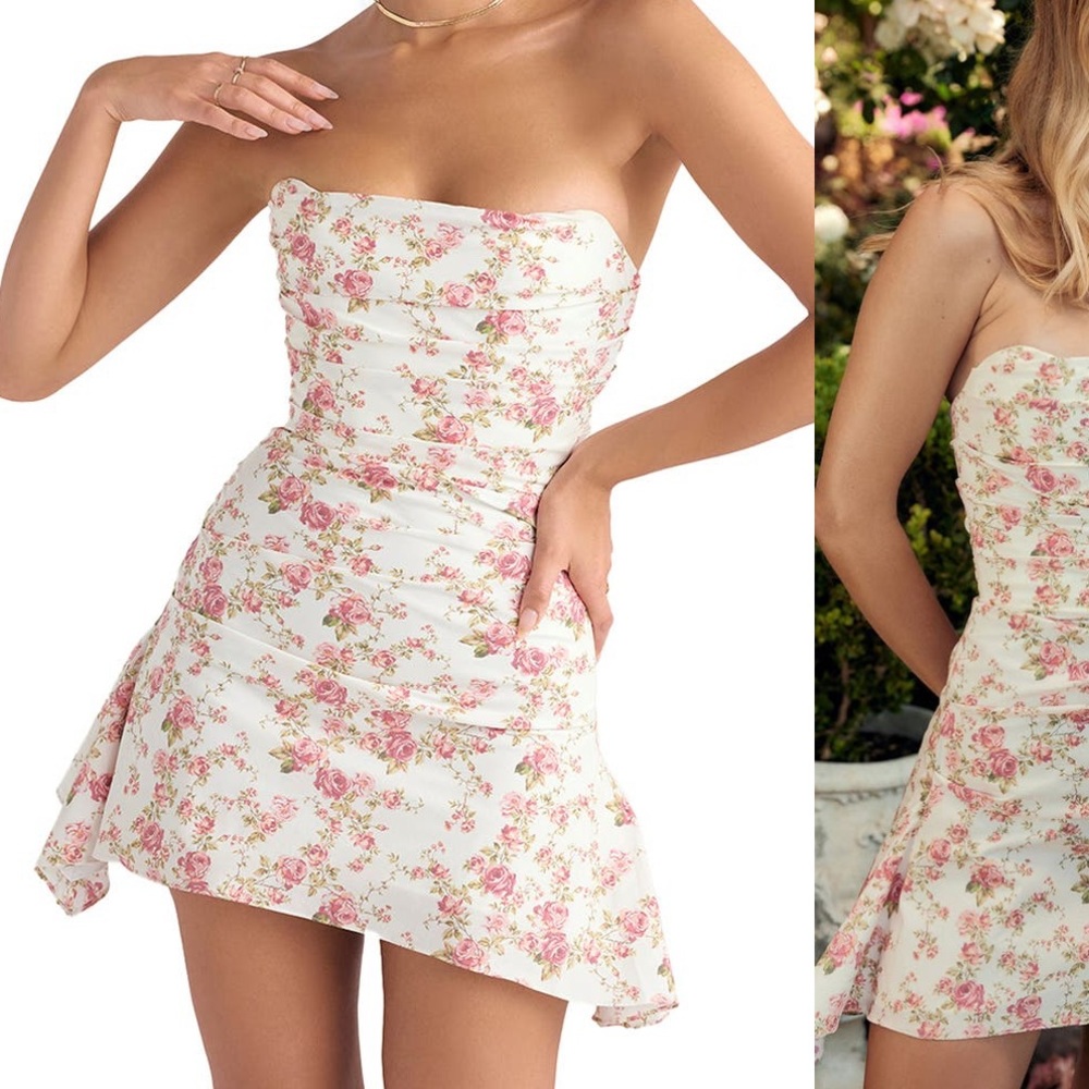 House of CB Jasmine Strapless Satin Corset Dress - S - Rose Print